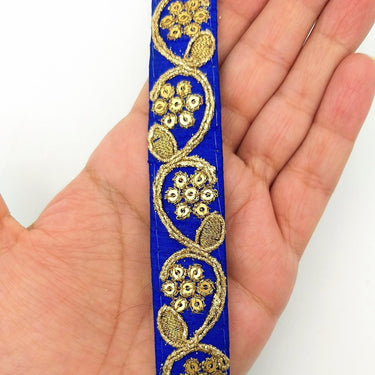Royal Blue Art Silk Trim with Gold Floral Embroidery and Gold Sequins Indian Sari Border Trim By 3 Yards Decorative Trim Craft Lace